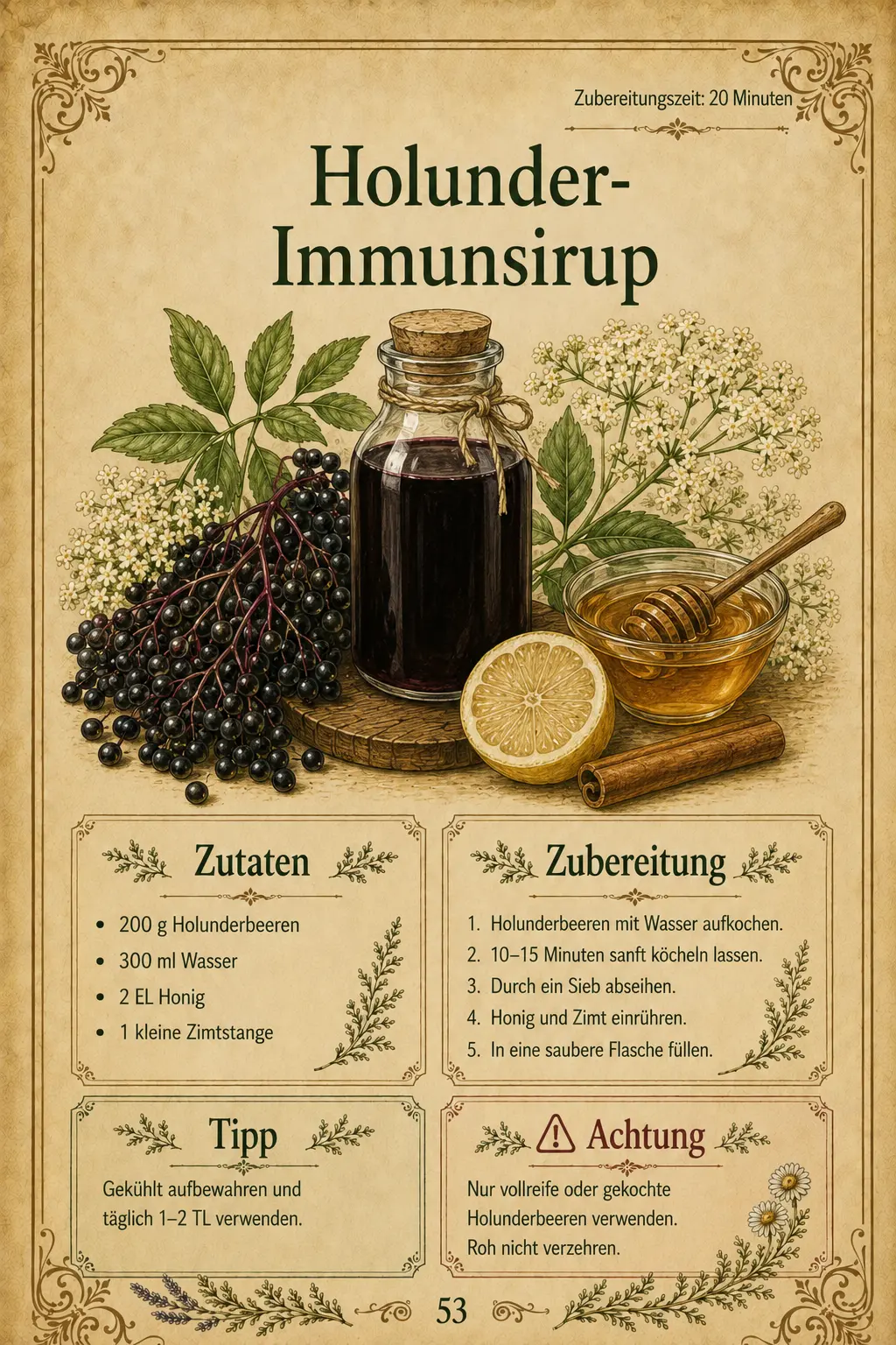 Beispielseite 53: Holunder-Immunsirup mit Zutaten, Zubereitung, Tipp und Achtung-Box