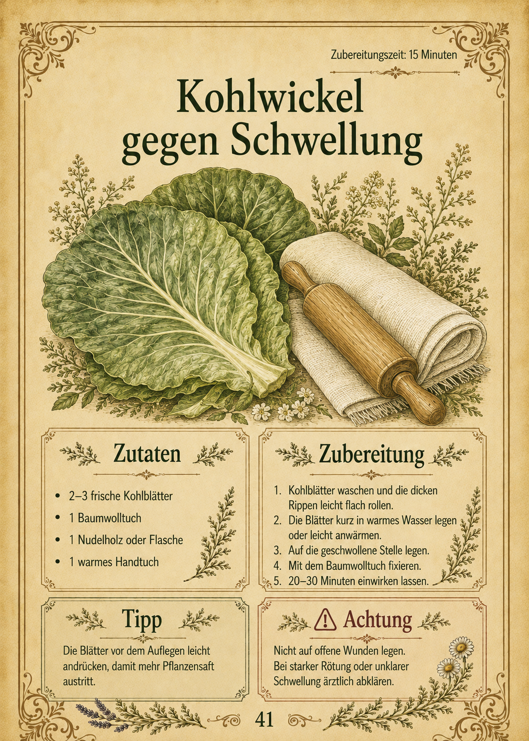 Beispielseite 41: Kohlwickel gegen Schwellung mit Zutaten, Zubereitung, Tipp und Achtung-Box