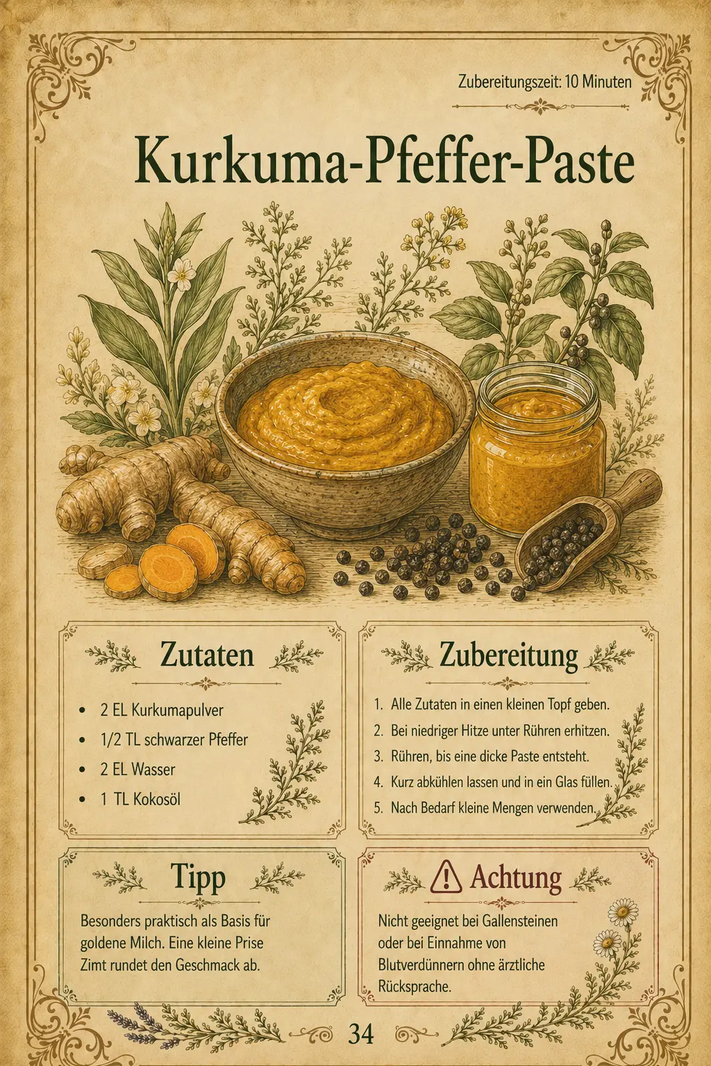 Beispielseite 34: Kurkuma-Pfeffer-Paste mit Zutaten, Zubereitung, Tipp und Achtung-Box